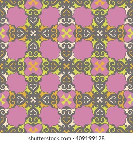 Vector abstract seamless patchwork pattern. Arabic tile texture with geometric and floral ornaments. Decorative elements for textile, book covers, print, gift wrap. Vintage boho style.