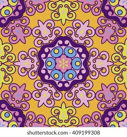 Vector abstract seamless patchwork pattern. Arabic tile texture with geometric and floral ornaments. Decorative elements for textile, book covers, print, gift wrap. Vintage boho style.