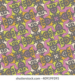 Vector abstract seamless patchwork pattern. Arabic tile texture with geometric and floral ornaments. Decorative elements for textile, book covers, print, gift wrap. Vintage boho style.