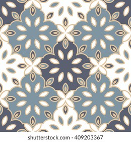 Vector abstract seamless patchwork pattern. Arabic tile texture with geometric and floral ornaments. Decorative elements for textile, book covers, print, gift wrap. Vintage boho style.