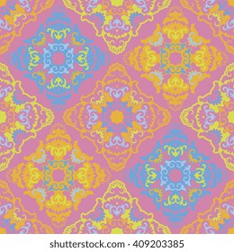 Vector abstract seamless patchwork pattern. Arabic tile texture with geometric and floral ornaments. Decorative elements for textile, book covers, print, gift wrap. Vintage boho style.