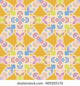 Vector abstract seamless patchwork pattern. Arabic tile texture with geometric and floral ornaments. Decorative elements for textile, book covers, print, gift wrap. Vintage boho style.