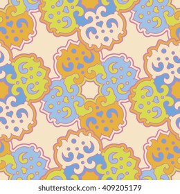 Vector abstract seamless patchwork pattern. Arabic tile texture with geometric and floral ornaments. Decorative elements for textile, book covers, print, gift wrap. Vintage boho style.