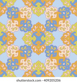 Vector abstract seamless patchwork pattern. Arabic tile texture with geometric and floral ornaments. Decorative elements for textile, book covers, print, gift wrap. Vintage boho style.