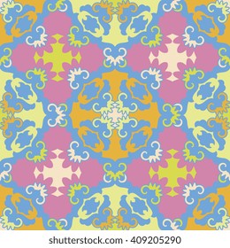 Vector abstract seamless patchwork pattern. Arabic tile texture with geometric and floral ornaments. Decorative elements for textile, book covers, print, gift wrap. Vintage boho style.