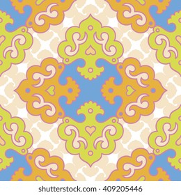 Vector abstract seamless patchwork pattern. Arabic tile texture with geometric and floral ornaments. Decorative elements for textile, book covers, print, gift wrap. Vintage boho style.