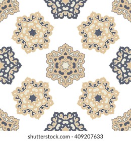 Vector abstract seamless patchwork pattern. Arabic tile texture with geometric and floral ornaments. Decorative elements for textile, book covers, print, gift wrap. Vintage boho style.