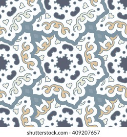 Vector abstract seamless patchwork pattern. Arabic tile texture with geometric and floral ornaments. Decorative elements for textile, book covers, print, gift wrap. Vintage boho style.