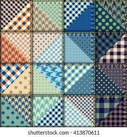 Vector abstract seamless patchwork pattern from blue and beige triangles with geometric ornaments.