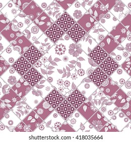 Vector abstract seamless patchwork pattern with geometric and floral  ornaments, stylized flowers, dots. Vintage boho style.