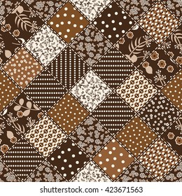 Vector abstract seamless patchwork pattern with geometric and floral  ornaments, stylized flowers. Vintage boho style.