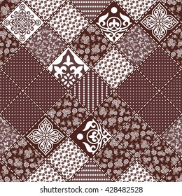 Vector abstract seamless patchwork pattern with geometric and floral ornaments, stylized flowers, dots, snowflakes and lace. Vintage boho style.