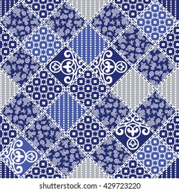 Vector abstract seamless patchwork pattern with geometric and floral ornaments, stylized flowers, dots, snowflakes and lace. Vintage boho style.