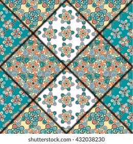 Vector abstract seamless patchwork pattern. Arabic tile texture with geometric and floral ornaments. Decorative elements for textile, book covers, print, gift wrap. Vintage boho style.