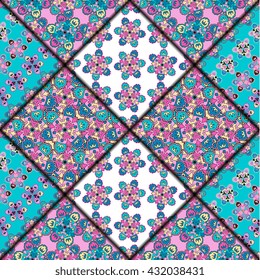 Vector abstract seamless patchwork pattern. Arabic tile texture with geometric and floral ornaments. Decorative elements for textile, book covers, print, gift wrap. Vintage boho style.
