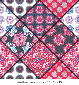 Vector abstract seamless patchwork pattern. Arabic tile texture with geometric and floral ornaments. Decorative elements for textile, book covers, print, gift wrap. Vintage boho style.