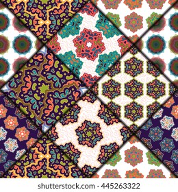 Vector abstract seamless patchwork pattern. Arabic tile texture with geometric and floral ornaments. Decorative elements for textile, book covers, print, gift wrap. Vintage boho style.