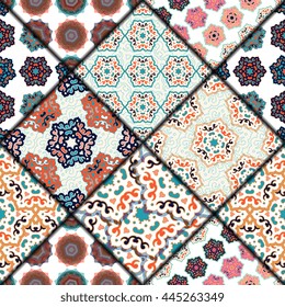 Vector abstract seamless patchwork pattern. Arabic tile texture with geometric and floral ornaments. Decorative elements for textile, book covers, print, gift wrap. Vintage boho style.