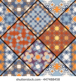 Vector abstract seamless patchwork pattern. Arabic tile texture with geometric and floral ornaments. Decorative elements for textile, book covers, print, gift wrap. Vintage boho style.
