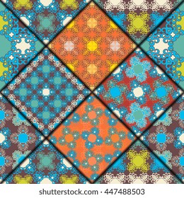 Vector abstract seamless patchwork pattern. Arabic tile texture with geometric and floral ornaments. Decorative elements for textile, book covers, print, gift wrap. Vintage boho style.