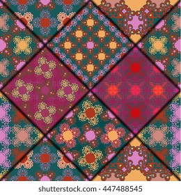 Vector abstract seamless patchwork pattern. Arabic tile texture with geometric and floral ornaments. Decorative elements for textile, book covers, print, gift wrap. Vintage boho style.
