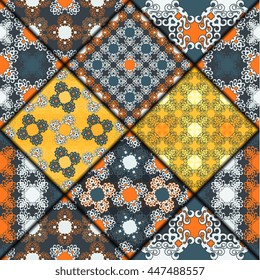 Vector abstract seamless patchwork pattern. Arabic tile texture with geometric and floral ornaments. Decorative elements for textile, book covers, print, gift wrap. Vintage boho style.