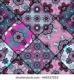 Vector abstract seamless patchwork pattern. Arabic tile texture with geometric and floral ornaments. Decorative elements for textile, book covers, print, gift wrap. Vintage boho style.
