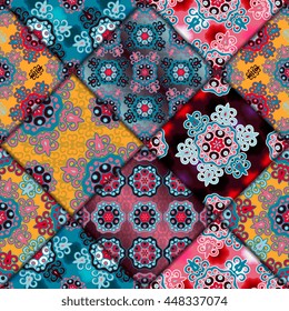 Vector abstract seamless patchwork pattern. Arabic tile texture with geometric and floral ornaments. Decorative elements for textile, book covers, print, gift wrap. Vintage boho style.