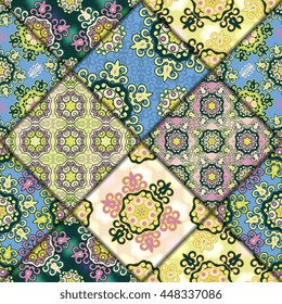 Vector abstract seamless patchwork pattern. Arabic tile texture with geometric and floral ornaments. Decorative elements for textile, book covers, print, gift wrap. Vintage boho style.