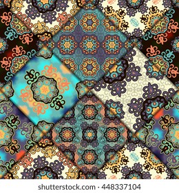 Vector abstract seamless patchwork pattern. Arabic tile texture with geometric and floral ornaments. Decorative elements for textile, book covers, print, gift wrap. Vintage boho style.
