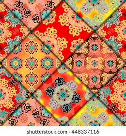 Vector abstract seamless patchwork pattern. Arabic tile texture with geometric and floral ornaments. Decorative elements for textile, book covers, print, gift wrap. Vintage boho style.
