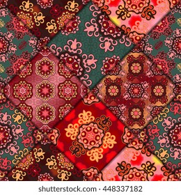 Vector abstract seamless patchwork pattern. Arabic tile texture with geometric and floral ornaments. Decorative elements for textile, book covers, print, gift wrap. Vintage boho style.
