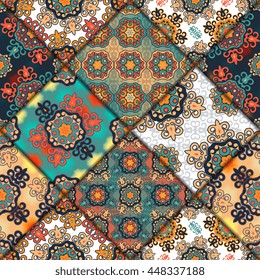 Vector abstract seamless patchwork pattern. Arabic tile texture with geometric and floral ornaments. Decorative elements for textile, book covers, print, gift wrap. Vintage boho style.