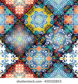 Vector abstract seamless patchwork pattern. Arabic tile texture with geometric and floral ornaments. Decorative elements for textile, book covers, print, gift wrap. Vintage boho style.