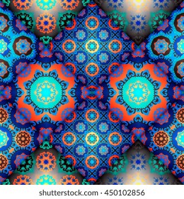 Vector abstract seamless patchwork pattern. Arabic tile texture with geometric and floral ornaments. Decorative elements for textile, book covers, print, gift wrap. Vintage boho style.