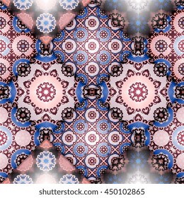 Vector abstract seamless patchwork pattern. Arabic tile texture with geometric and floral ornaments. Decorative elements for textile, book covers, print, gift wrap. Vintage boho style.