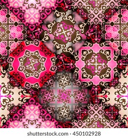 Vector abstract seamless patchwork pattern. Arabic tile texture with geometric and floral ornaments. Decorative elements for textile, book covers, print, gift wrap. Vintage boho style.