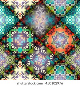 Vector abstract seamless patchwork pattern. Arabic tile texture with geometric and floral ornaments. Decorative elements for textile, book covers, print, gift wrap. Vintage boho style.
