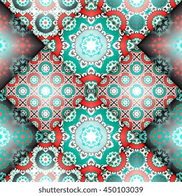 Vector abstract seamless patchwork pattern. Arabic tile texture with geometric and floral ornaments. Decorative elements for textile, book covers, print, gift wrap. Vintage boho style.