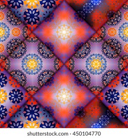 Vector abstract seamless patchwork pattern. Arabic tile texture with geometric and floral ornaments. Decorative elements for textile, book covers, print, gift wrap. Vintage boho style.