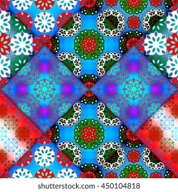 Vector abstract seamless patchwork pattern. Arabic tile texture with geometric and floral ornaments. Decorative elements for textile, book covers, print, gift wrap. Vintage boho style.