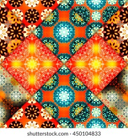 Vector abstract seamless patchwork pattern. Arabic tile texture with geometric and floral ornaments. Decorative elements for textile, book covers, print, gift wrap. Vintage boho style.