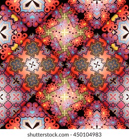 Vector abstract seamless patchwork pattern. Arabic tile texture with geometric and floral ornaments. Decorative elements for textile, book covers, print, gift wrap. Vintage boho style.