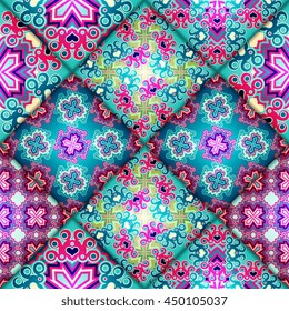 Vector abstract seamless patchwork pattern. Arabic tile texture with geometric and floral ornaments. Decorative elements for textile, book covers, print, gift wrap. Vintage boho style.