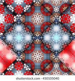 Vector abstract seamless patchwork pattern. Arabic tile texture with geometric and floral ornaments. Decorative elements for textile, book covers, print, gift wrap. Vintage boho style.