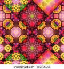Vector abstract seamless patchwork pattern. Arabic tile texture with geometric and floral ornaments. Decorative elements for textile, book covers, print, gift wrap. Vintage boho style.