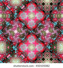 Vector abstract seamless patchwork pattern. Arabic tile texture with geometric and floral ornaments. Decorative elements for textile, book covers, print, gift wrap. Vintage boho style.