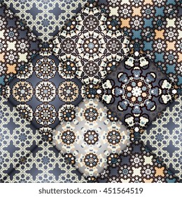Vector abstract seamless patchwork pattern. Arabic tile texture with geometric and floral ornaments. Decorative elements for textile, book covers, print, gift wrap. Vintage boho style.