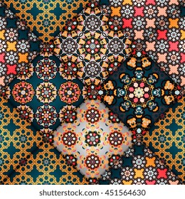 Vector abstract seamless patchwork pattern. Arabic tile texture with geometric and floral ornaments. Decorative elements for textile, book covers, print, gift wrap. Vintage boho style.
