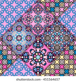 Vector abstract seamless patchwork pattern. Arabic tile texture with geometric and floral ornaments. Decorative elements for textile, book covers, print, gift wrap. Vintage boho style.